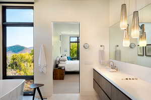 Ensuite bathroom featuring a freestanding bath and vanity