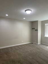 Primary Bedroom featuring a textured ceiling, carpet, and recessed lighting