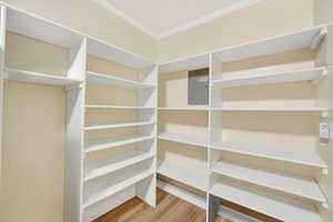 Walk in closet featuring electric panel and light wood-style flooring