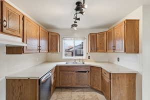 Kitchen with wood finish cabinets, light countertops, and stainless steel dishwasher