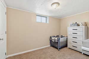 Bedroom featuring light colored carpet, ornamental molding, and a textured ceiling