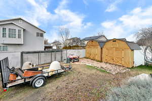 Fenced backyard with a shed