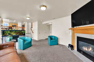 Unfurnished living room with carpet flooring and a fireplace