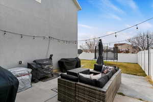 extra-large, private concrete patio located behind the third-car garage, along with patio lighting, a smart sprinkler system, and a fully fenced yard with no backyard neighbors