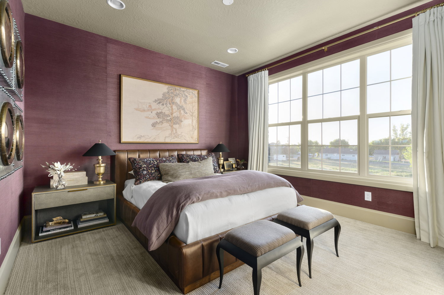 Bedroom with carpet floors, a textured ceiling, and recessed lighting