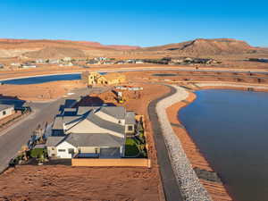Aerial perspective of suburban area featuring a water and mountain view