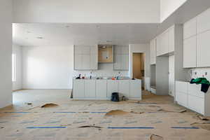Kitchen with modern cabinets, a center island, and white cabinets