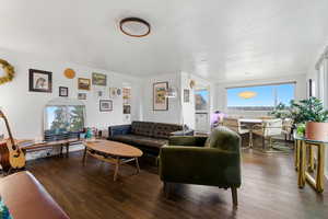 Living area with plenty of natural light and dark wood-type flooring
