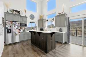 Kitchen featuring gray cabinetry, stainless steel appliances, a breakfast bar, dark wood finished floors, and a high ceiling