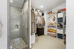 Walk in closet featuring light colored carpet