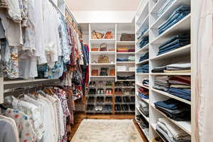 Walk in closet with dark wood-type flooring
