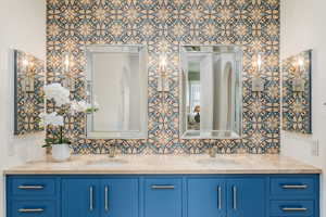 Bathroom with double vanity and backsplash