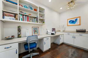 Office area featuring built in study area, dark wood finished floors, ceiling fan, and recessed lighting