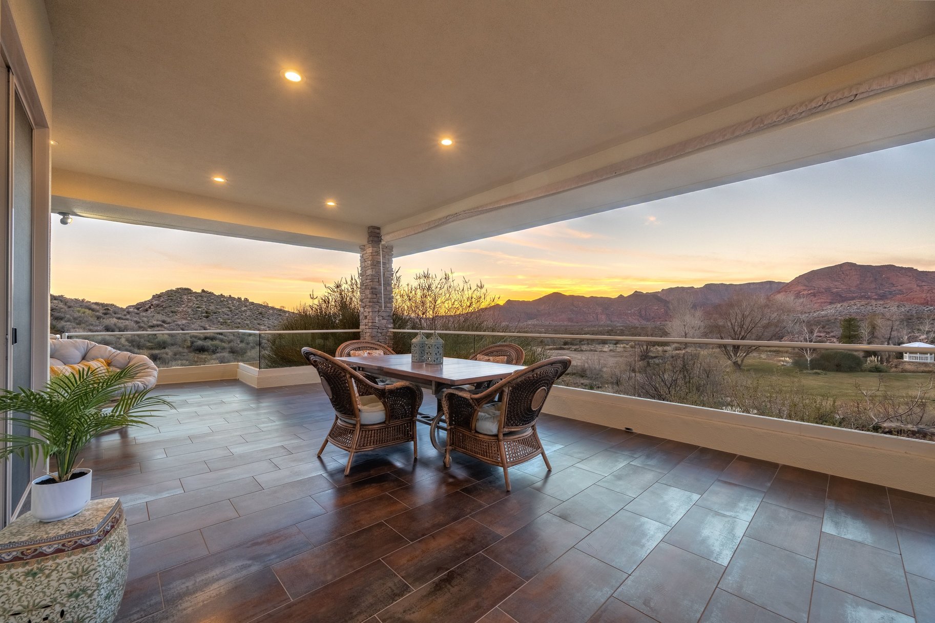 View of patio / terrace with a mountain view and outdoor dining space