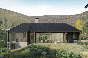 Rear view of property with a chimney, a mountain view, and a standing seam roof
