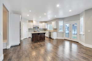 Kitchen featuring a center island, light stone countertops, dark wood-type flooring, recessed lighting, and stainless steel dishwasher