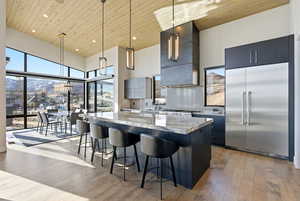 Kitchen featuring a mountain view, stainless steel appliances, a high wood ceiling, dark cabinets, and hanging light fixtures