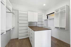 Walk in closet with dark colored carpet