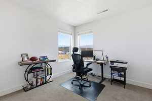 Office featuring light colored carpet and baseboards