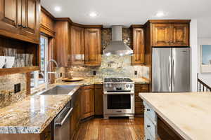 Two tone kitchen featuring decorative backsplash, stainless steel appliances, dark wood-type flooring, light stone counters, and dual tone cabinets