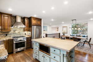 Kitchen featuring stainless steel appliances, decorative backsplash, a center island, dark wood-style flooring, and two tone cabinets
