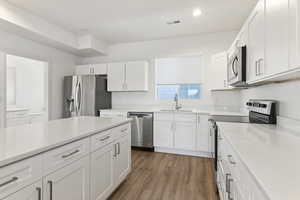 Kitchen with stainless steel appliances, white cabinetry, and recessed lighting