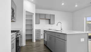 Kitchen featuring gray cabinets, dark wood-style floors, stainless steel appliances, a center island with sink, and recessed lighting