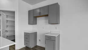 Kitchen with gray cabinetry, light countertops, and dark wood finished floors