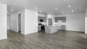 Kitchen with gray cabinets, stainless steel appliances, a center island with sink, recessed lighting, and light wood-type flooring