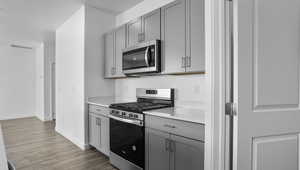 Kitchen with gray cabinetry, stainless steel appliances, and light wood-type flooring