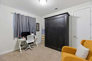 Office space with light colored carpet and a textured ceiling
