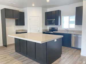 Kitchen featuring a center island, stainless steel appliances, light wood finished floors, dark cabinets, and recessed lighting