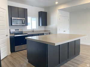 Kitchen featuring stainless steel appliances, dark cabinetry, a center island, light countertops, and light wood-style floors