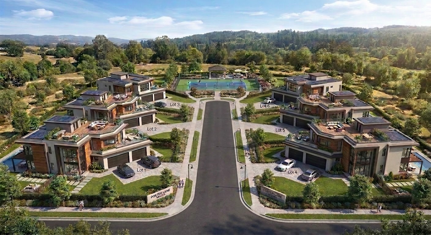 Gated community featuring modern architectural homes with private garages and multi-level outdoor terraces