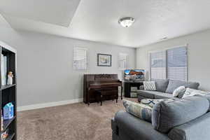 Carpeted living room featuring a textured ceiling