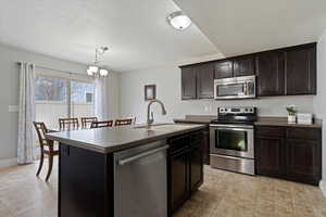 Kitchen with stainless steel appliances, dark countertops, an island with sink, suspended lighting, and a textured ceiling