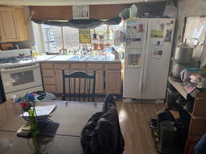 Kitchen with white appliances, dark wood finished floors, wood finish cabinets, and light countertops
