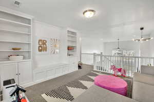 Game room featuring carpet floors and built in shelves