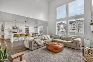 Living room with dark wood-type flooring and a high ceiling