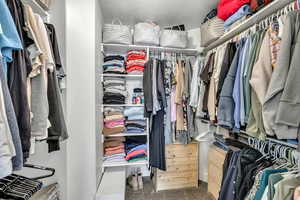 Walk in closet with light carpet