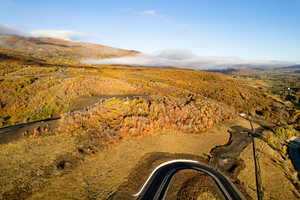 Drone / aerial view of a heavily wooded area and mountains