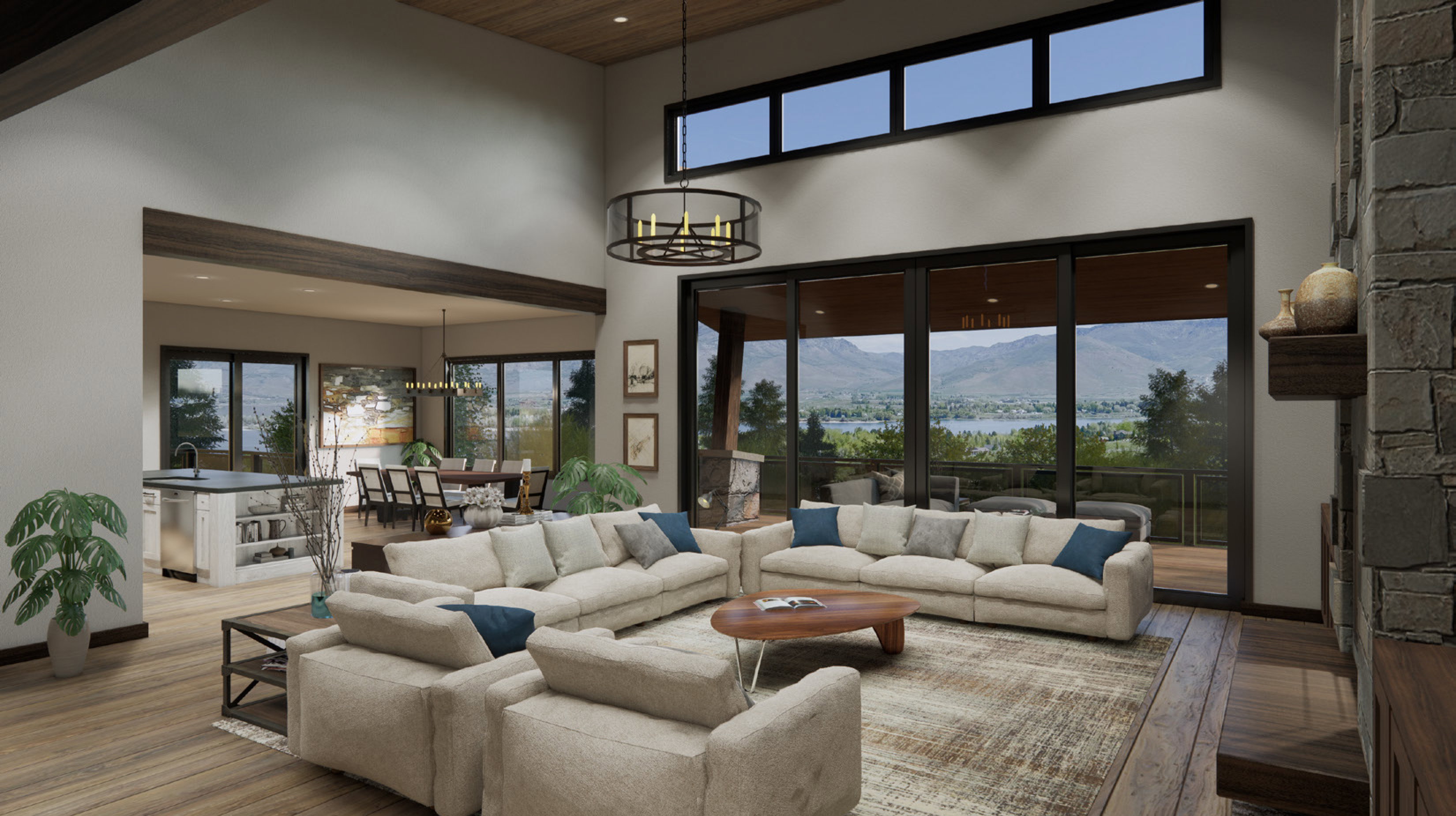 Living room with wood-type flooring, a chandelier, and a mountain view
