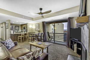 Living room with light colored carpet and ceiling fan