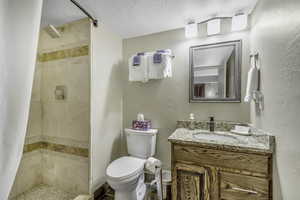 Bathroom with a shower stall, vanity, a textured ceiling, and a textured wall