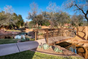 bridge from parking lot to Inn at Entrada Welcome Center