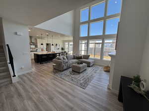 Living room with light wood-style flooring and a high ceiling