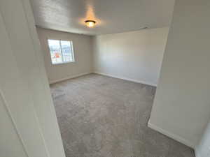 Unfurnished room with light colored carpet and a textured ceiling