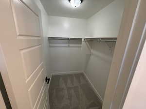 Walk in closet featuring dark colored carpet