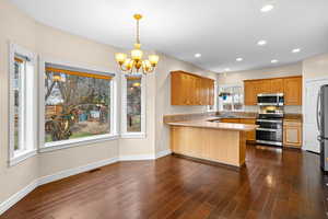 Kitchen featuring stainless steel appliances, hanging lights, a peninsula, and dark wood-style floors