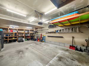 Garage featuring a workshop area